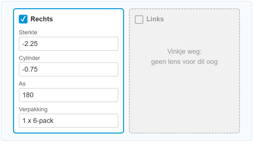 Bestelformulier met alleen het rechteroog aangevinkt